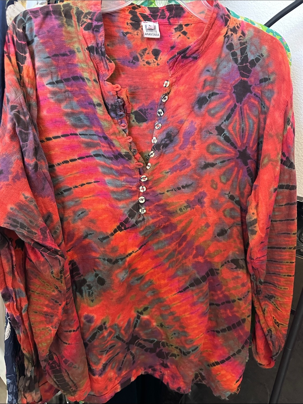 Ananya Tie-Dye Button Henley Top - Vibrant Red & Purple